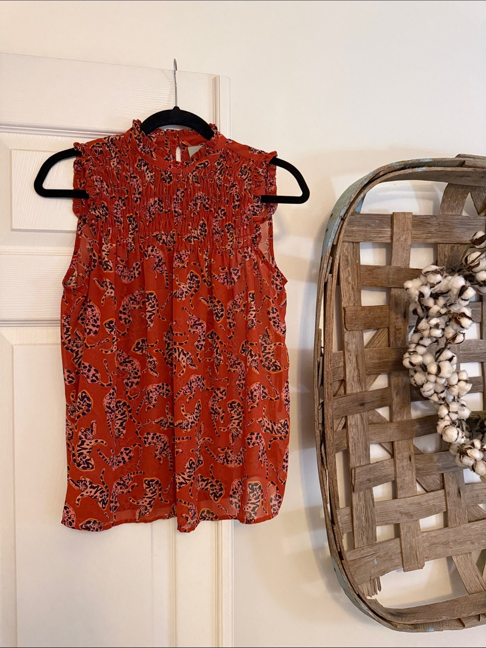 Anthropologie Maeve Sleeveless Smocked Neck Tiger Print Top